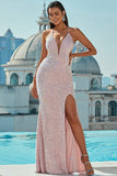 Glamorous Spaghetti Straps Party Dress Lace-up Back Sequin Split Evening Dress