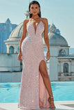 Glamorous Spaghetti Straps Party Dress Lace-up Back Sequin Split Evening Dress