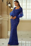 Sweetheart Long Mesh Sleeve Prom Dresses Blue Glitter Sequins Evening Dresses