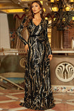 Sparkly Long Sleeve V-Neck Party Dress Sequins Black and Gold A Line Evening Dresses