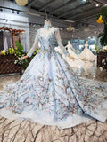 Stunning Light Blue Long Sleeve Wedding Dresses High Neck Quinceanera Dresses PW772