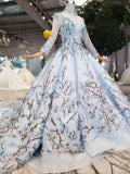 Stunning Light Blue Long Sleeve Wedding Dresses High Neck Quinceanera Dresses PW772