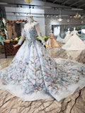 Stunning Light Blue Long Sleeve Wedding Dresses High Neck Quinceanera Dresses PW772