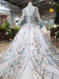 Stunning Light Blue Long Sleeve Wedding Dresses High Neck Quinceanera Dresses PW772