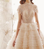 Elegant High Neck Ball Gown Wedding Dresses Short Sleeve Quinceanera Dresses PW773