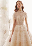 Elegant High Neck Ball Gown Wedding Dresses Short Sleeve Quinceanera Dresses PW773