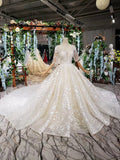 Lace Half Sleeve Round Neck Ball Gown Wedding Dresses Fashion Beads Wedding Gown PW775