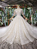 Lace Half Sleeve Round Neck Ball Gown Wedding Dresses Fashion Beads Wedding Gown PW775