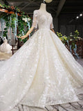 Lace Half Sleeve Round Neck Ball Gown Wedding Dresses Fashion Beads Wedding Gown PW775