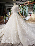 Lace Half Sleeve Round Neck Ball Gown Wedding Dresses Fashion Beads Wedding Gown PW775