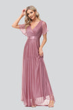 A Line Short Sleeve V-neck Chiffon long Prom Dresses Flowy Bridesmaid Dresses