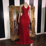 Sexy Mermaid Halter Red Glitter Sequins Prom Dresses Y0020