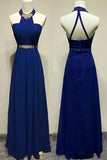 Long Elegant Sleeveless A-line Halter Blue Backless Prom Dresses DGY63