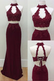 Mermaid Two Piece Burgundy Modest Long Halter Open Back Beads Prom Dresses uk PH186