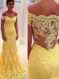 Elegant Sheath Yellow Lace Off Shoulder Long Prom Dresses PM662