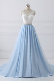 A-Line V-Neck Lace Top Sky Blue Skirt Cheap Sweetheart Tulle Satin Wedding Dresses with Sash PH156