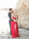 A-line Spaghetti Straps V-Neck Red Tulle Prom Dress