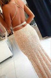 Sequin Spaghetti Straps Criss-Cross Beads Long Prom Dresses