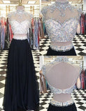 Two Piece High Neck Long Black Beading Open Back Prom Dress