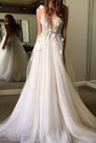 Sexy Spaghetti Straps V Neck A Line Tulle Ivory Backless Prom Dresses,Wedding Dresses uk PW28