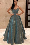 Sparkly Spaghetti Straps Green Sequins Prom Dresses, Backless Party Dresses P1218