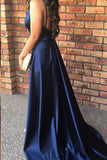 Dark Navy Deep V-Neck Split Long Train Prom Dress