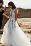 A Line Deep V-Neck Sweep Train Tulle Ivory Wedding Dress with Appliques Split W1123