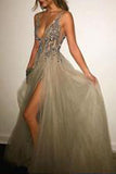 Grey Backless V-Neck Tulle Sleeveless Sparkle Slit Long Evening Gowns