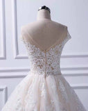 Unique A Line Lace Appliques Cap Sleeves Ivory V-Neck Beads Wedding Dresses PH839