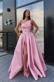 Elegant Strapless Satin High Slit Prom Dresses Long Simple Evening Dresses P1200