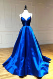 Simple A Line Satin Spaghetti Straps Royal Blue Long V Neck Prom Dresses P1488