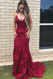 Elegant Straps V Neck Burgundy Lace Mermaid Long Evening Dresses, Prom Dresses P1361