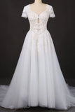 A-line Short Sleeves Beads V Neck Lace Applique Wedding Dresses, Bridal Dress W1142