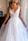 A-line V Neck Tulle Beach Wedding Dress with Appliques N105