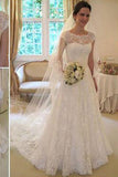 Long A Line Round Neck Illusion White Lace Wedding Party Dress