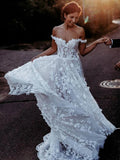 A Line Sweetheart Off the Shoulder Tulle Ivory Long Wedding Dresses with Appliques W1242