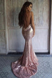 Sexy Rose Gold Sequins Mermaid Long Prom Dress Spaghetti Straps Backless Party Dress P1260