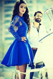 A-Line Princess Jewel Long Sleeves Applique Short Satin Royal Blue Homecoming Dress PM284