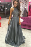 Grey Halter Open Back Chiffon A-Line Rhinestone Beaded Top Dark Long Prom Dresses UK PH287