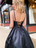 Chic A Line Spaghetti Straps Black Satin Prom Dresses Long Evening Dresses