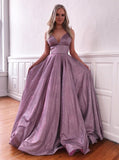 A Line V-Neck Sleeveless Long Prom Dresses Evening Gowns