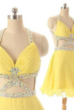 Dramatic A Line V-Neck Short Chiffon Backless Daffodil Homecoming Dress with Rhinestone PM470