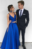 Sexy Royal Blue Two Piece Long Simple Satin Blue V-Neck Formal Evening Prom Dresses uk PM620