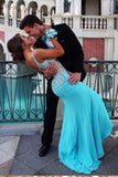 Mermaid Diamond Blue Straps Sleeveless Long Prom Dress