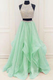 Stunning Sequins Beading Organza Ruffles Two Piece Prom Dresses