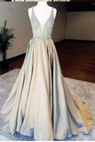 Satin V-Neck Sequin Long Sleeveless A Line Prom Dress