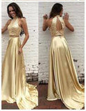 Gold Two Pieces High Neck Sparkly Evening Party Prom Dress