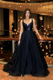 2018 A-Line V-Neck Dark Blue Sleeveless Satin Floor-Length Sweep Train Prom Dresses uk PH259