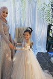 Ball Gown Round Neck Light Champagne Tulle Bowknot Flower Girl Dress with Appliques PM770