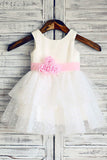 Ball Gown Scoop Neck Tulle Ivory Elastic Woven Satin Short Mini Tiered Flower Girl Dresses PH735